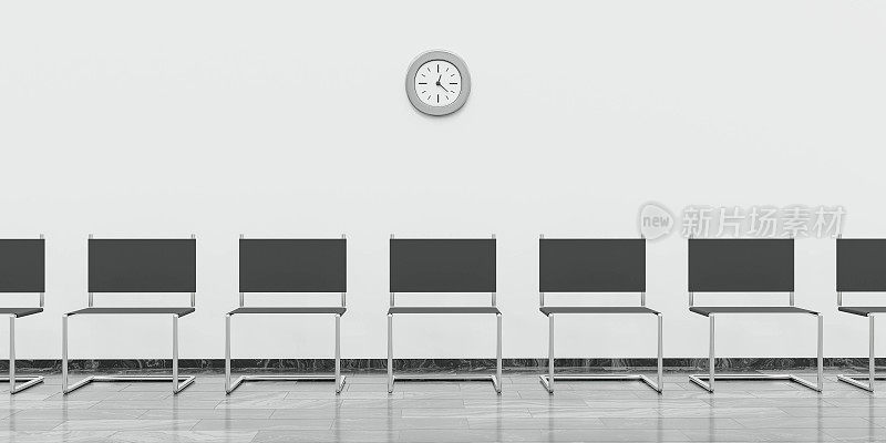 空的等候室与黑色椅子和滴答钟3d渲染插图