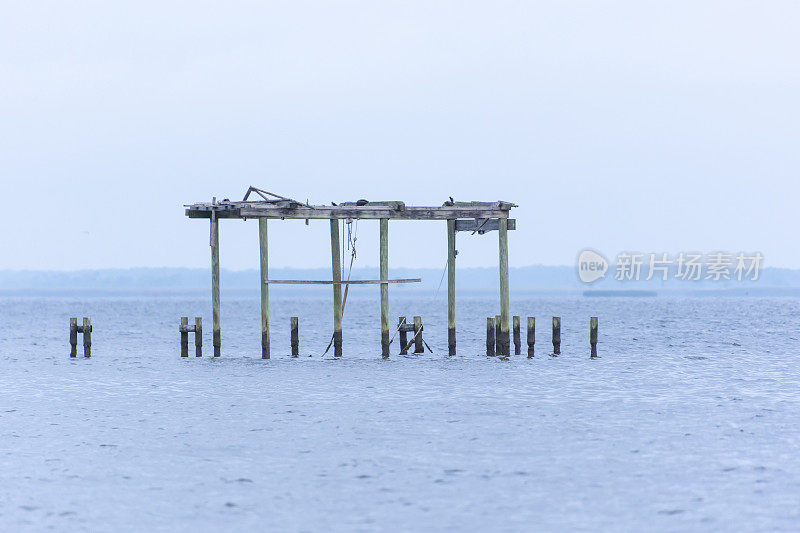 阿巴拉契科拉湾废弃的、被风暴蹂躏的码头和桩基