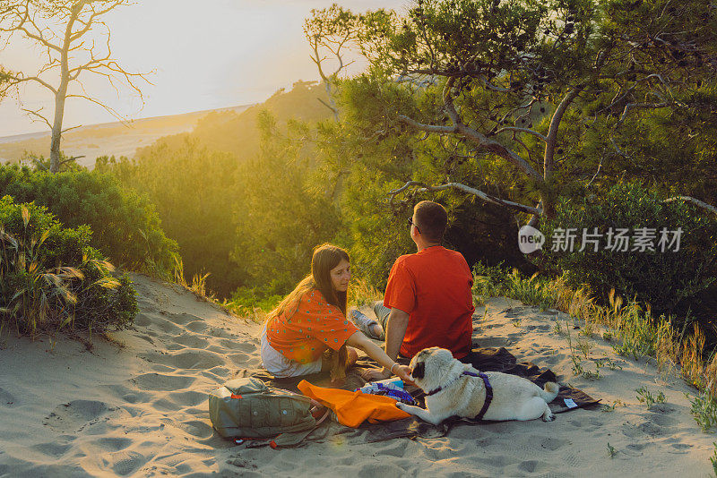 土耳其帕塔拉，快乐的女人和男人带着狗在森林里野餐，欣赏日落，俯瞰大海