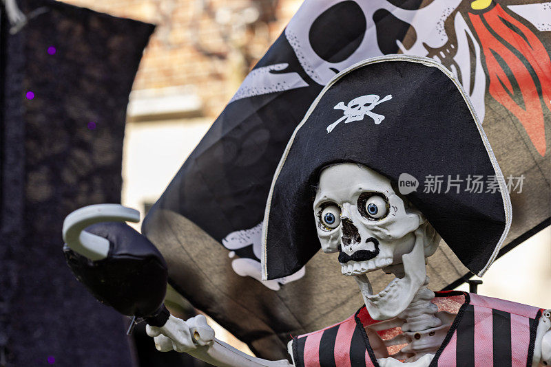 海盗的特写与钩手和头骨和交叉骨帽