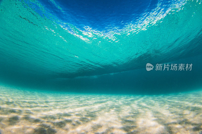 在清澈的海水中，海浪拍打着沙滩，水下的景色一览无余