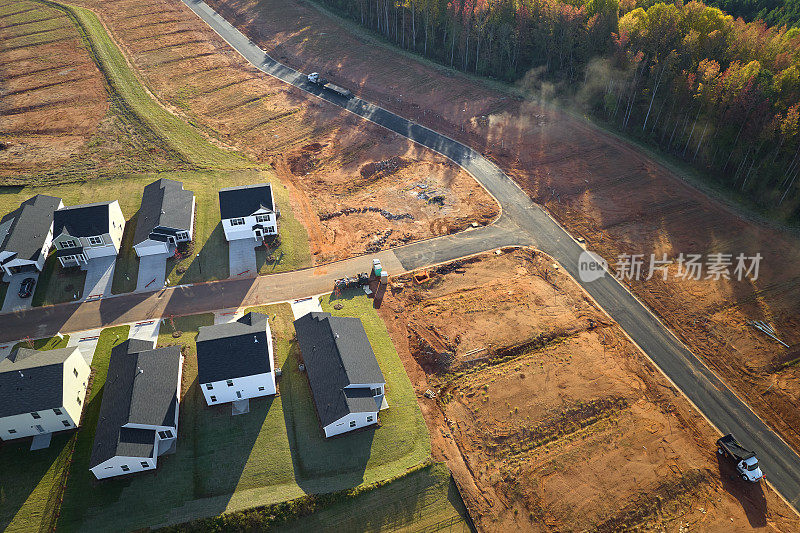 南卡罗莱纳建筑工地鸟瞰图，新房屋密集。家庭住宅作为美国郊区房地产开发的范例