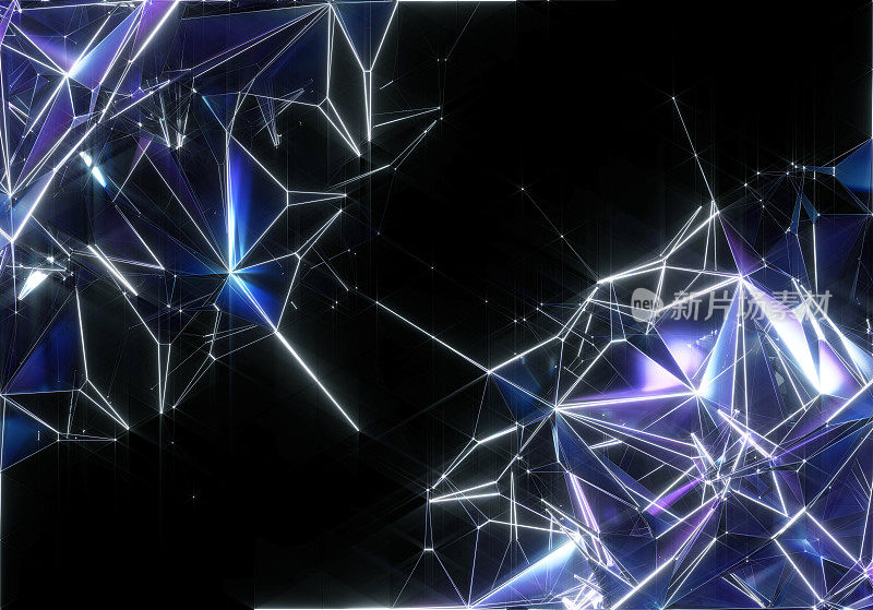 抽象艺术的3d渲染，带有超现实的外星人秘密盒子或分形立方体机构的部分，在黑色背景下蓝白光内的玻璃塑料中有尖锐的刺丝结构