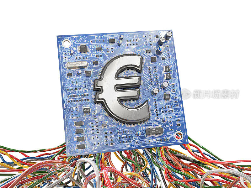 电子货币。带有芯片的电子印制板，以欧元符号的形式。三维演示