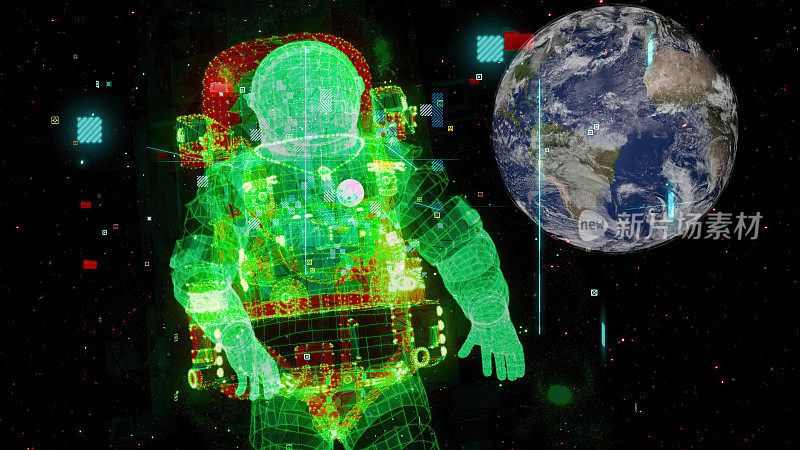 宇航员被封闭在高科技场景中，通过计算机图形渲染
