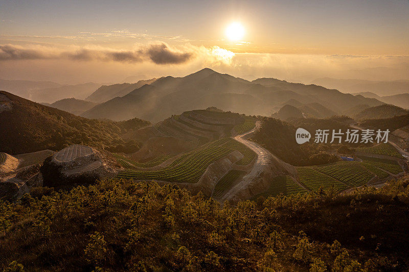 高山上的云雾和黄昏的风力涡轮机