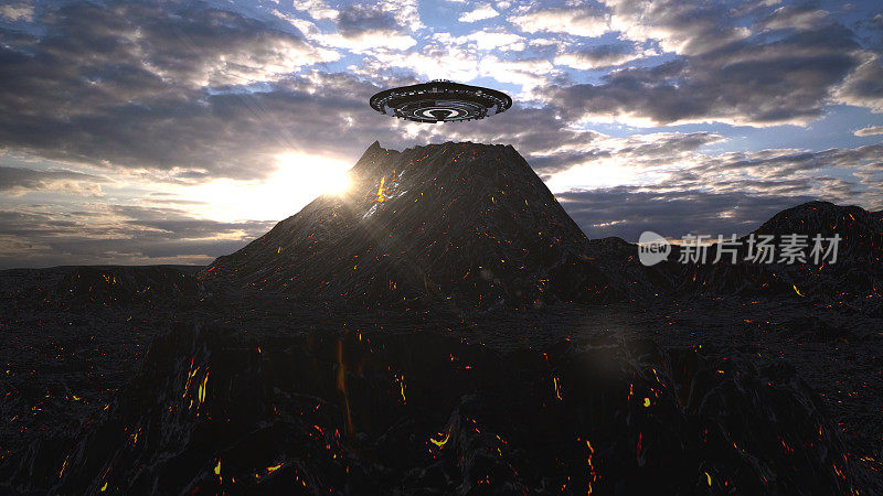 在火山上空盘旋的大型UFO飞船