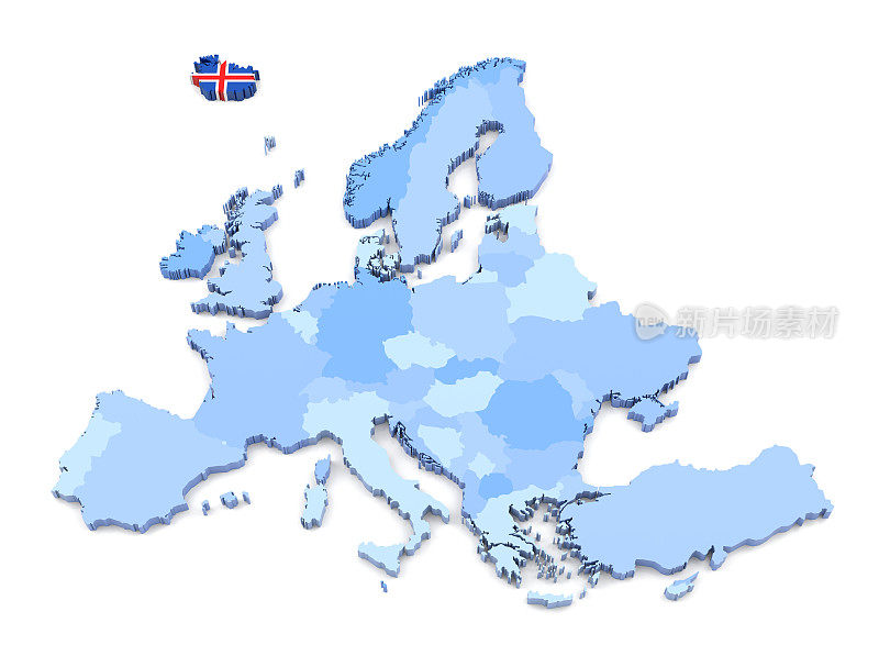 欧洲地图，冰岛与旗帜