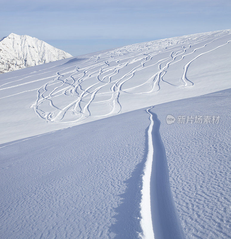 新雪上的滑雪痕迹