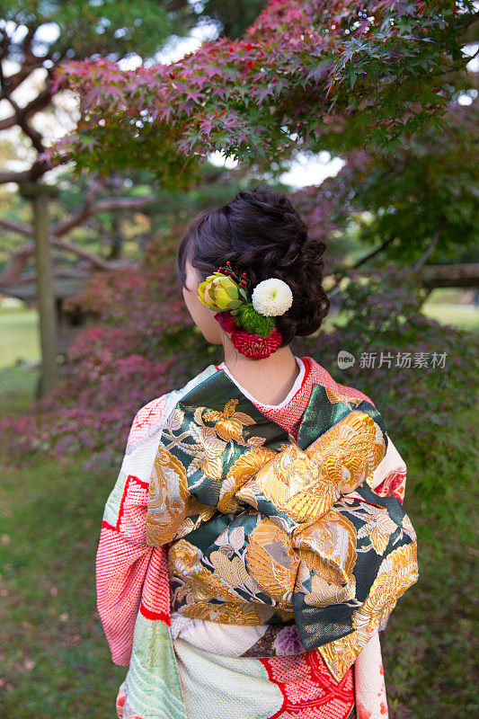 年轻的富里舍女人在日本花园