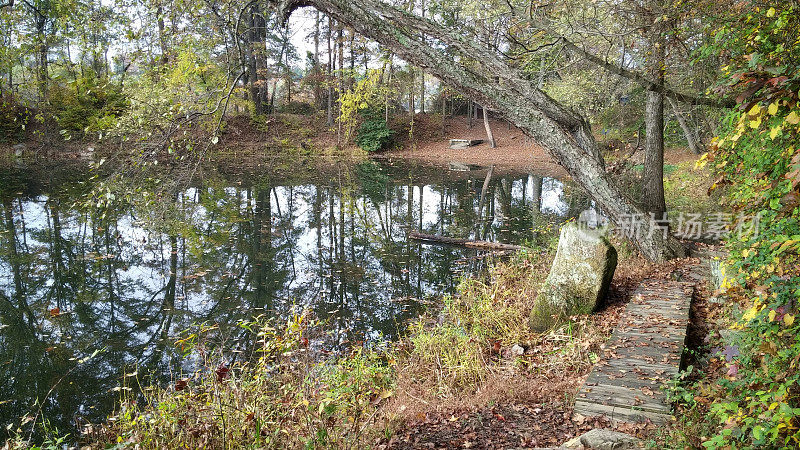 贝尔岛采石场池塘木桥，攀岩，里士满，弗吉尼亚州