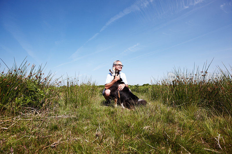 一名成熟男子与边境牧羊犬在威尔士乡村徒步旅行