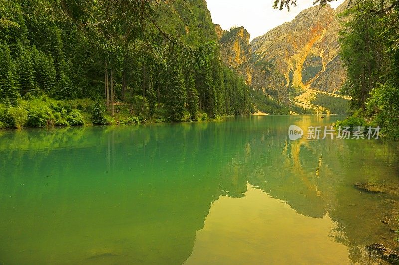 阿尔卑斯绿松石布雷斯湖(拉戈迪布雷斯)，田园诗般的景观附近雄伟的塞科费尔阿尔卑斯山谷，戏剧性的意大利南泰洛白云石雪山全景，意大利