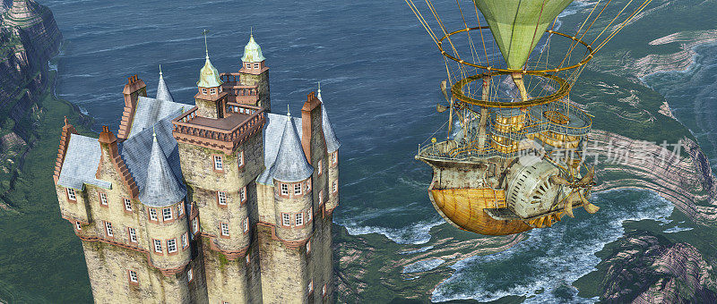 海边的苏格兰城堡和梦幻热气球