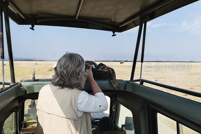 老年人，妇女在吉普车里捕捉野生动物，在非洲狩猎