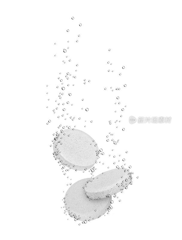 三粒药溶于水，孤立在白色背景上