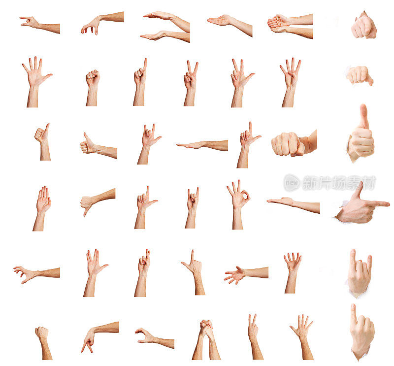 举起手来，多个白人男性的手势隔着白色背景，一组多幅图片