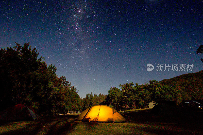 一个橙色的帐篷在充满星星的银河夜空下闪闪发光