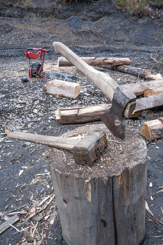 一把斧头、一把大锤、一块圆木、一把链锯在针叶林(野外)附近的一个临时小屋地质学家