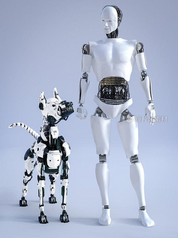3D渲染的男性机器人与未来的机器狗。