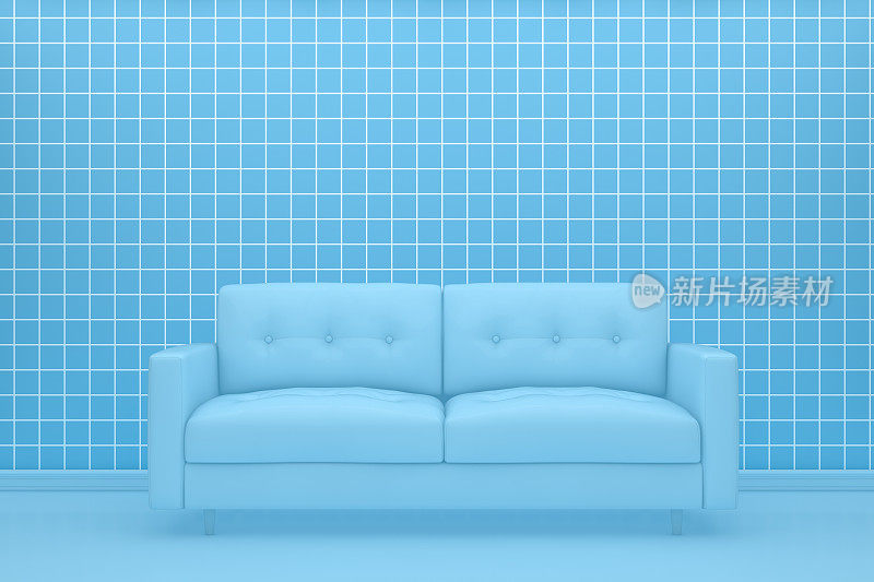 空客厅配有沙发和格子蓝墙