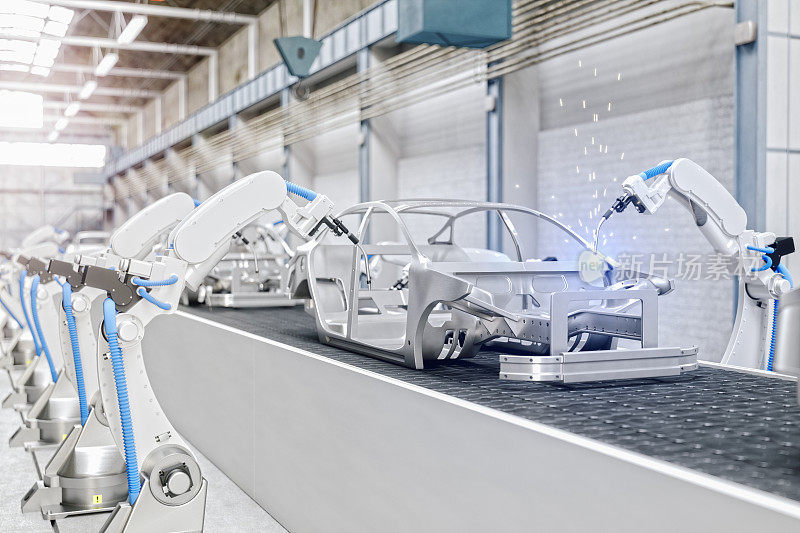 自动汽车制造厂装配线上的工业机器人