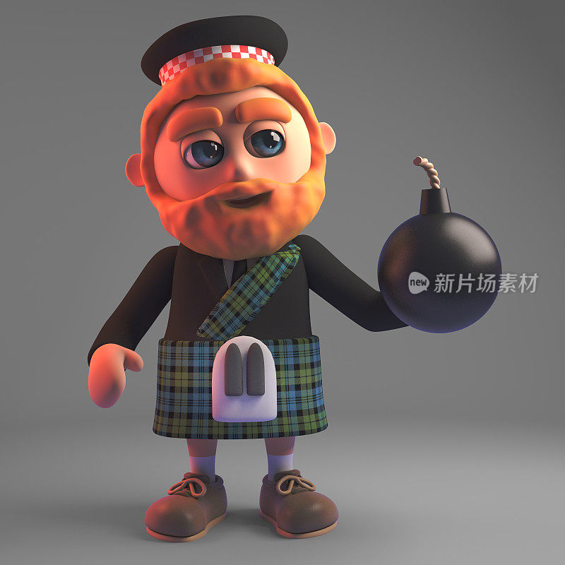 身着苏格兰短裙，手持炸弹的忧虑苏格兰男子，3d插画