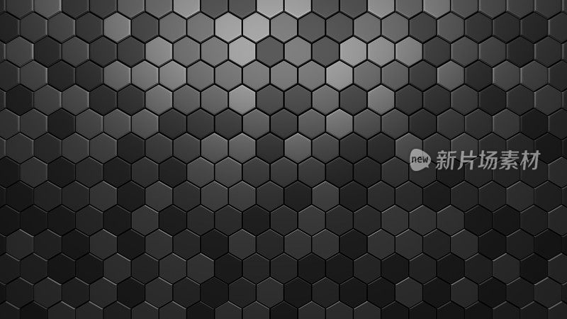 黑色数字技术背景与钢六角细胞。蜂窝结构的三维抽象插图。