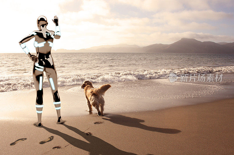 在海滩上挥手的机器人和可爱的狗