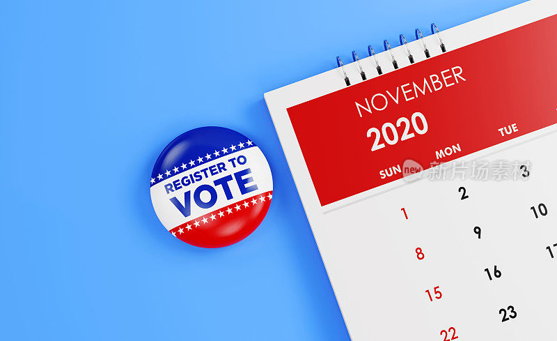 在蓝色背景上显示11月3日的红色日历旁边登记投票