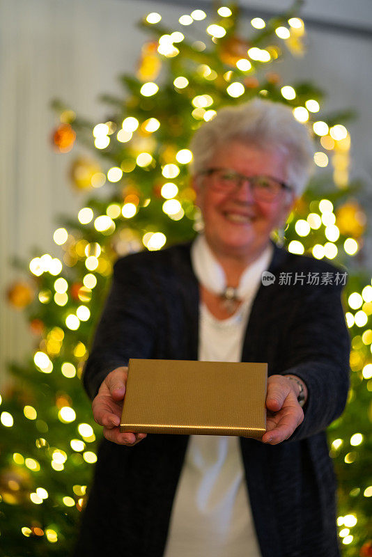 微笑的老妇人给你圣诞礼物