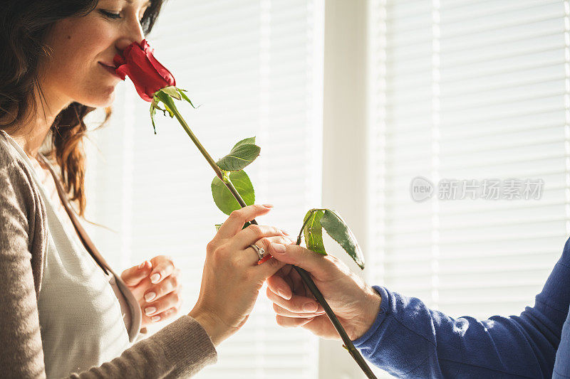 女人闻着丈夫送给她的玫瑰