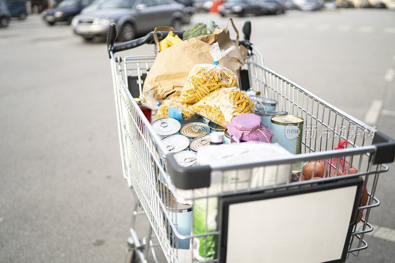 装有食品和商品的购物车