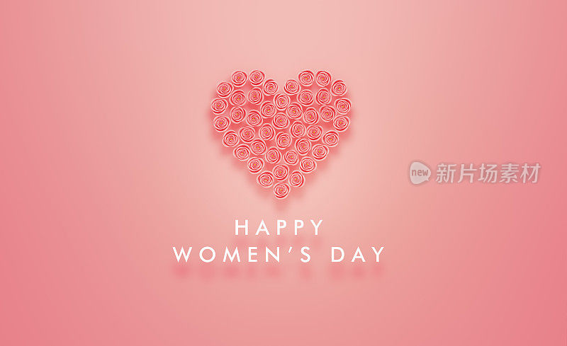 妇女节概念-在粉红色的背景上用粉红色的玫瑰做成的心下面写着妇女节快乐的信息