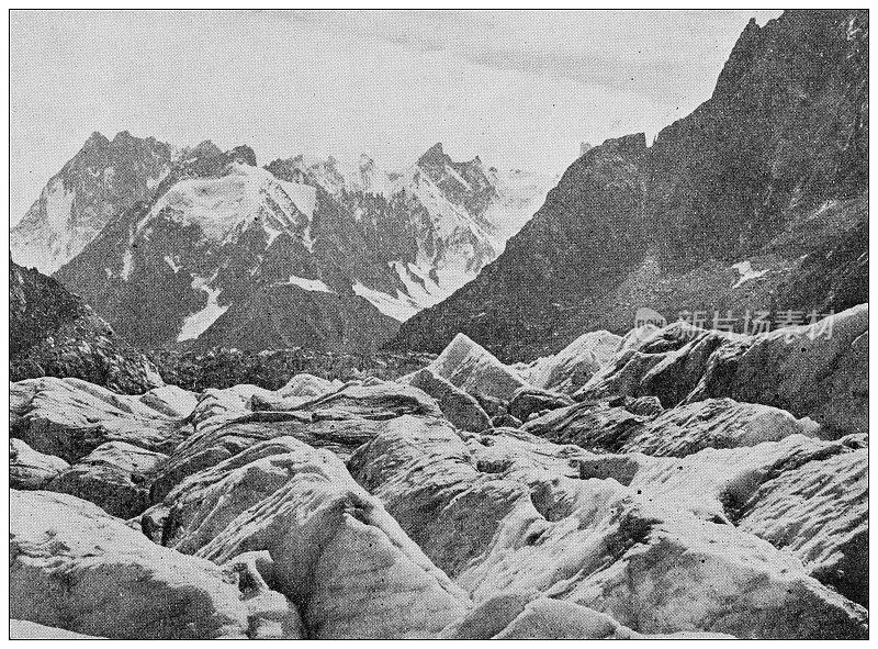 世界地标的古老照片(约1894年):勃朗峰冰川，瑞士