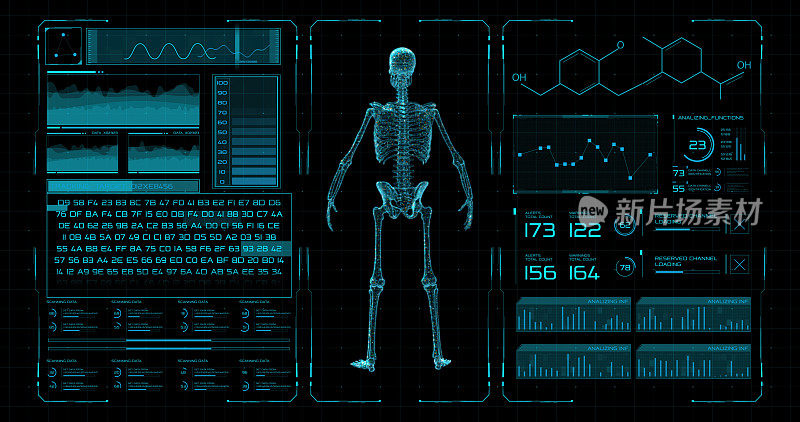 医学程序的界面是一个数字控制面板，用于研究人类骨骼及其结构，以及在生长过程中获取有关其发育的信息。