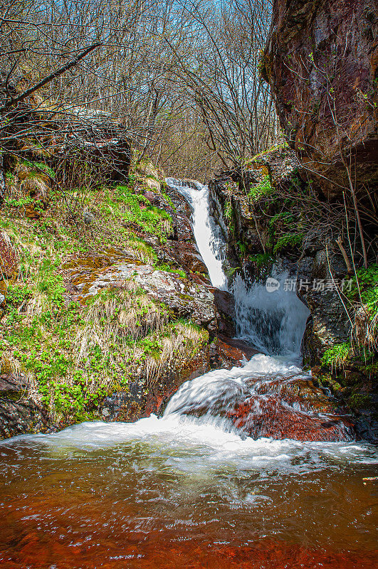 强大的Cunguljski瀑布如瀑布般倾泻而下，在老山的森林中长满了绿色的苔藓