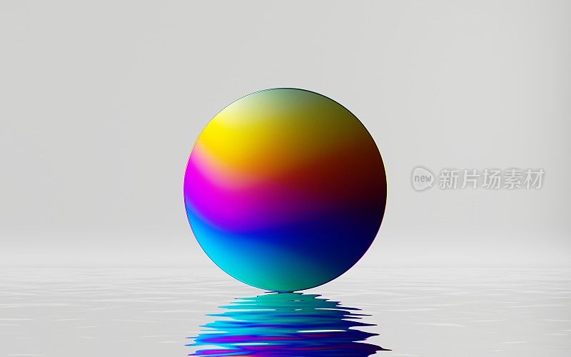 3d渲染，抽象最小几何背景。水面上五彩斑斓的圆形，荡漾着涟漪和倒影