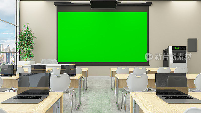 配有绿色投影屏的电脑室教室
