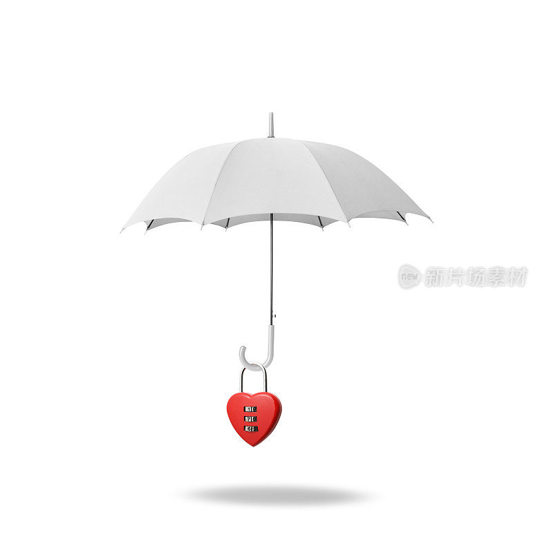 半空中的白色雨伞，白色背景下的心形密码锁