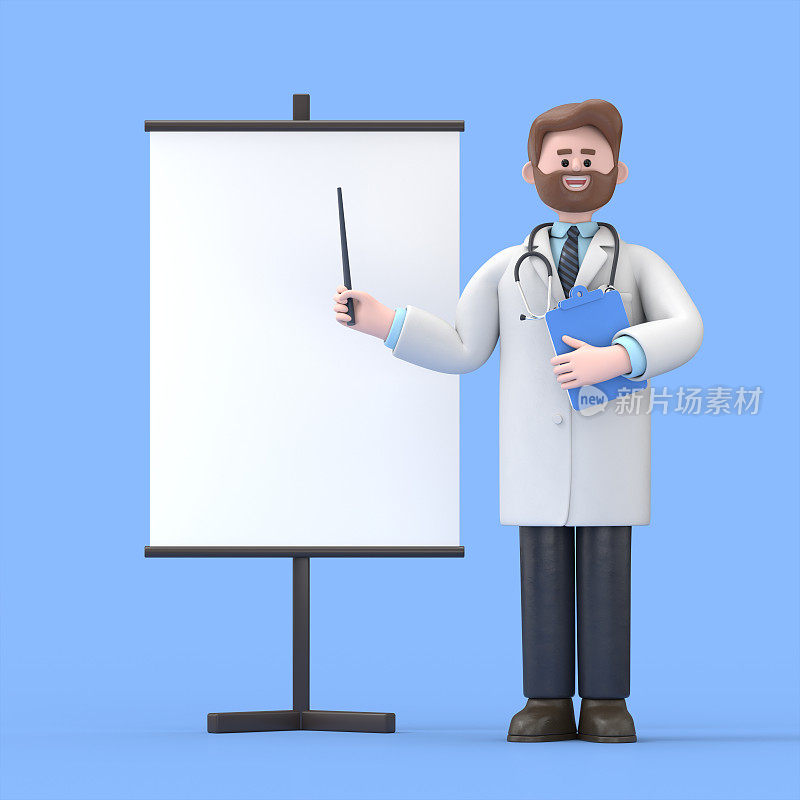 男医生艾弗森的3D插图与空白板作为信息，说明或广告的呈现，产品挂图模型。