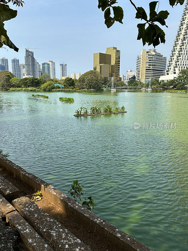 从斯里兰卡科伦坡贝拉湖对面的Gangaramaya公园俯瞰市中心的城市景观，牛郎星倾斜和垂直的塔，阳光明媚的蓝色晴空背景