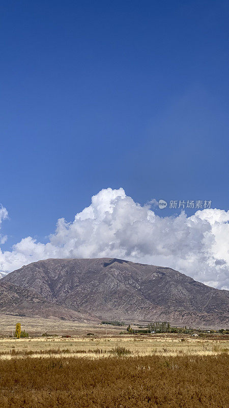 宁静的观点在山上，前景为一个旅行和社会概念的干田