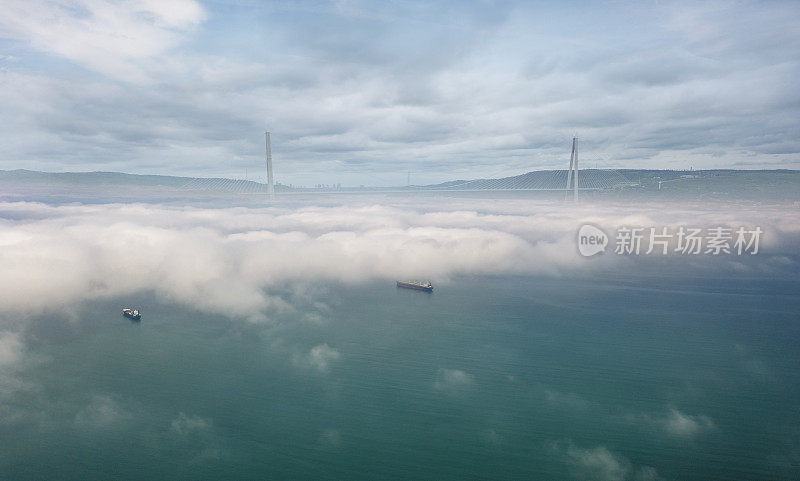 运输中的货船鸟瞰图。伊斯坦布尔海峡。