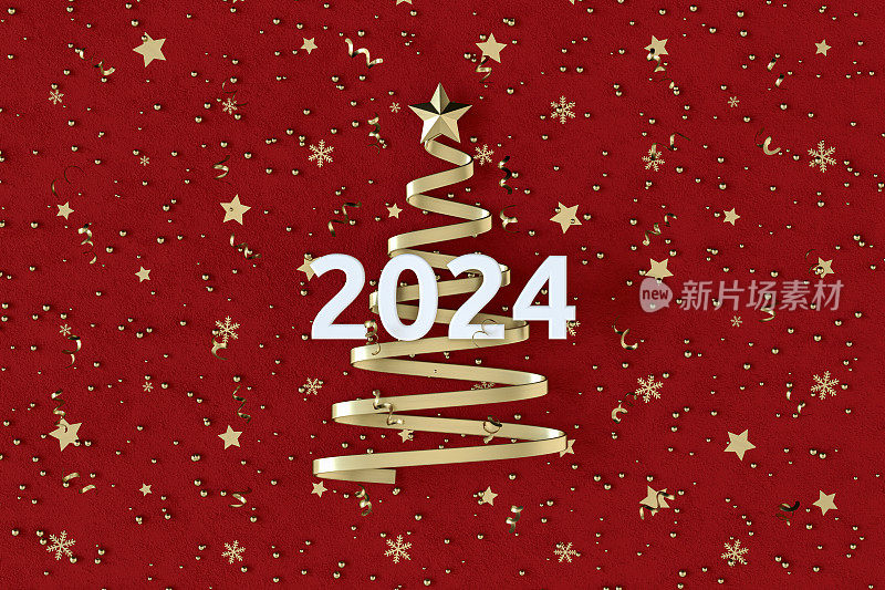 2024年新年和红色背景的圣诞树