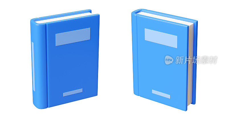 关闭纸质书与蓝色光泽精装直立在不同的转角。三维渲染