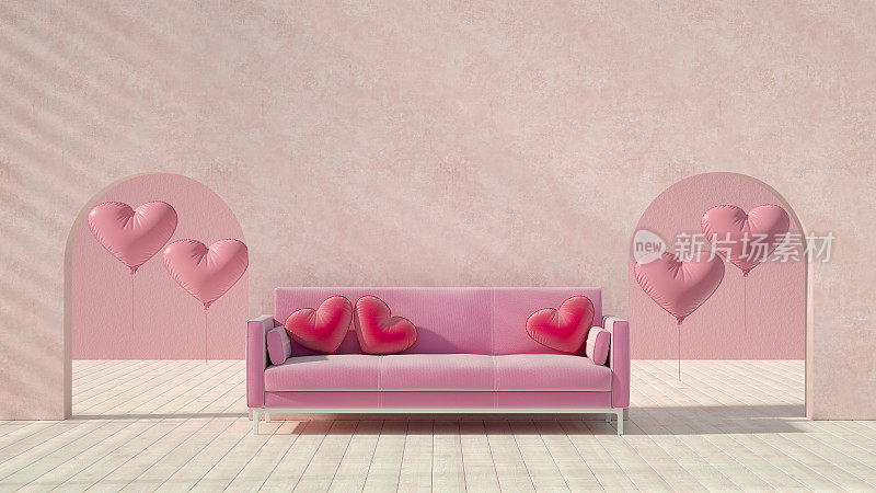 情人节概念，粉色沙发和心形枕头