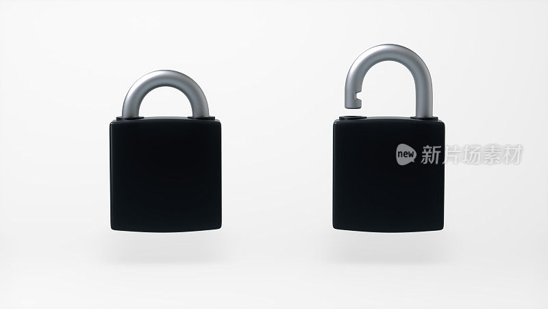 黑色锁定和解锁挂锁隔离在白色背景。卡通极简主义风格。安全的概念。