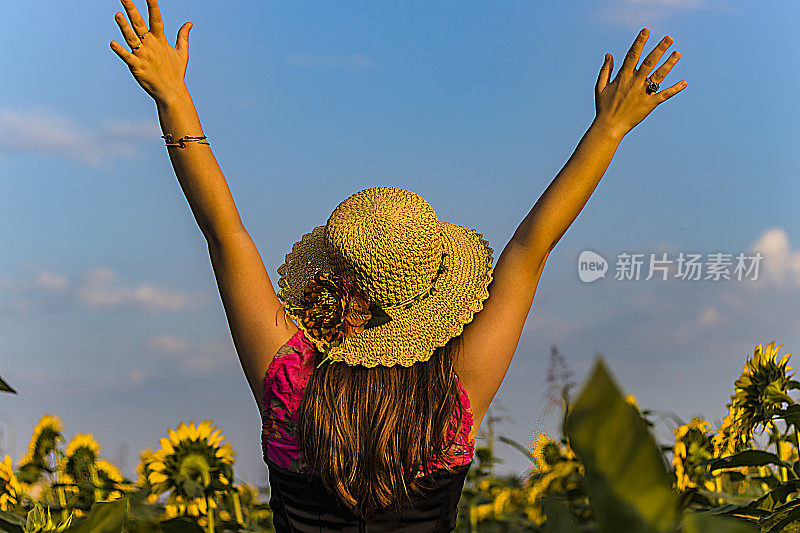 年轻女子向太阳张开充满喜悦和灵感的双手