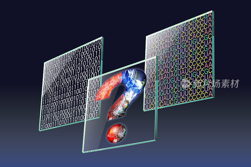 基因工程和DNA微阵列图像。mRNA的二进制代码、问号和基码显示在透明晶片屏幕上。